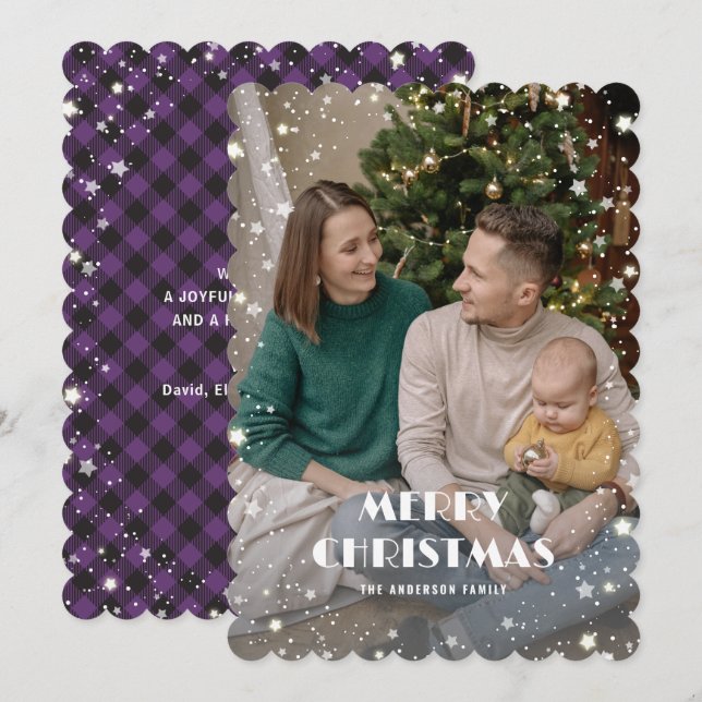 Cartes Pour Fêtes Annuelles Jolly Purple Plaid Staid Photo Joyeux Noël (Devant / Derrière)