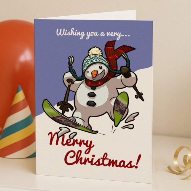 Cartes Pour Fêtes Annuelles Jolly Skiing Snowman Joyeux Cartoon de Noël (Créateur téléchargé)
