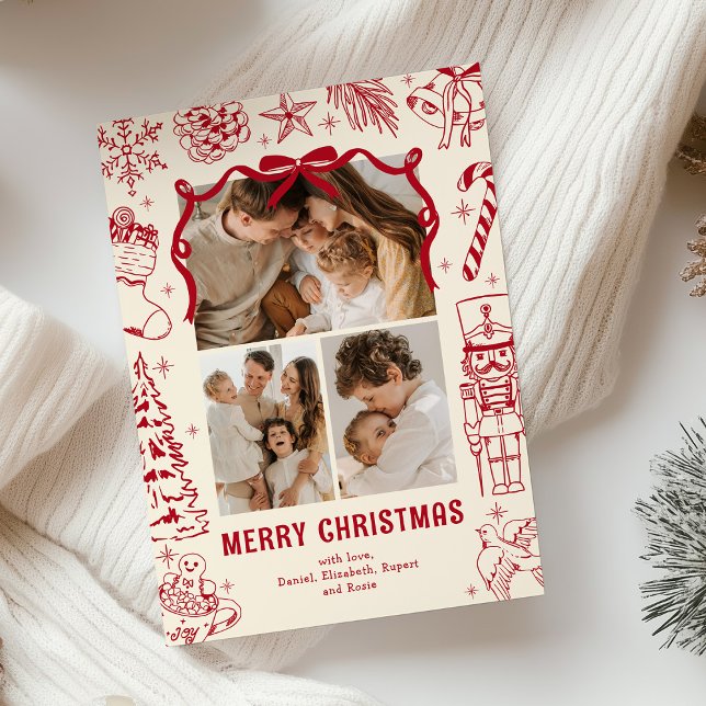Cartes Pour Fêtes Annuelles Jouer Doodle rouge 3 Photo Noël (Créateur téléchargé)