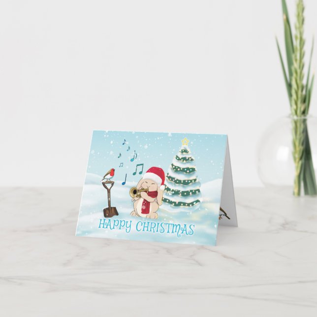 Cartes Pour Fêtes Annuelles Joueur de trompette mignonne Rabbit en neige avec  (Devant)