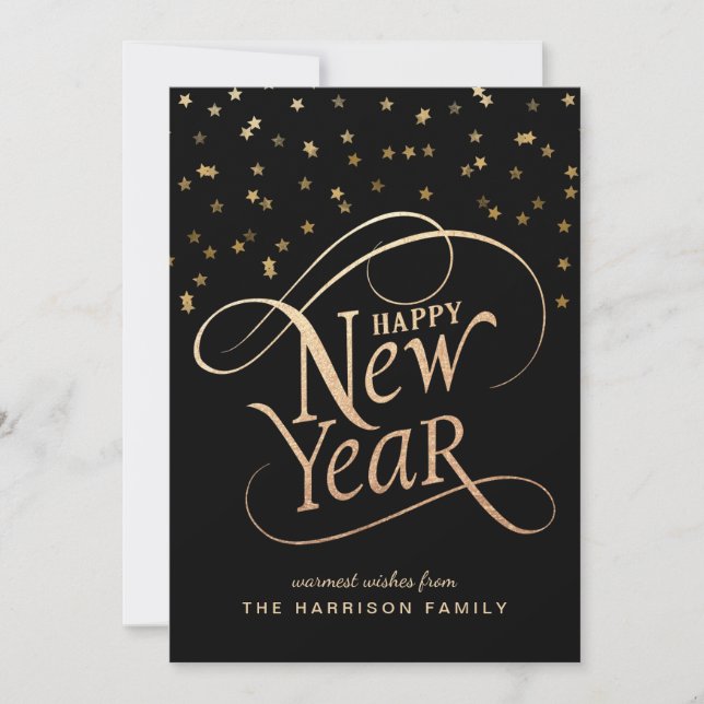 Cartes Pour Fêtes Annuelles Jour de l'année Élégant Script Black Gold (Devant)