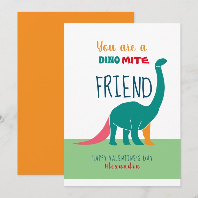 Cartes Pour Fêtes Annuelles Jour des Valentines, Ami de Dinosaure (Devant / Derrière)