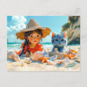 Cartes Pour Fêtes Annuelles Journée à la plage avec des coquillages et un chat