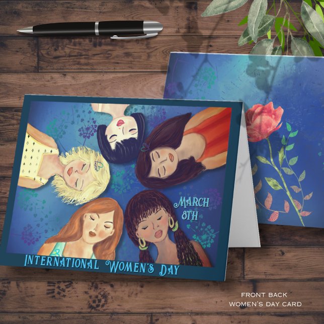 Cartes Pour Fêtes Annuelles Journée internationale des femmes Portraits bleu (International Women's Day Women Portraits blue Holiday Card)