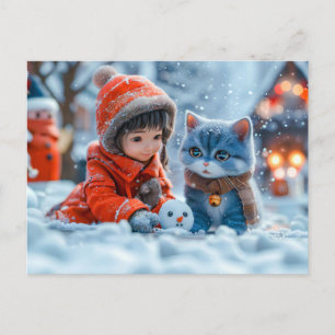Cartes Pour Fêtes Annuelles Journée Magique d'Hiver avec Fille et Chat