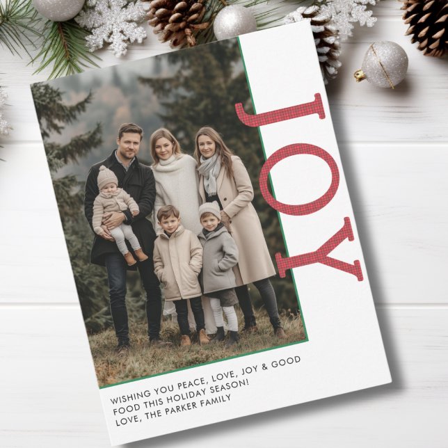 Cartes Pour Fêtes Annuelles JOY ! 1 Photo, Blanc, Rouge, Vert Classique (JOY! 1 Photo, White, Red, Green, Plaid Pattern, Minimal, Classic Holiday Card.)