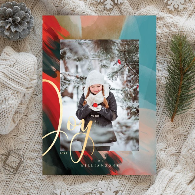 Cartes Pour Fêtes Annuelles Joy Abstrait Aquarelle Peinture Pinceau Stroke Pho (Joy Abstract Watercolor Paint Brush Stroke Photo Holiday Card)