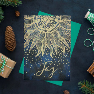 Cartes Pour Fêtes Annuelles Joy Blue Gold Boho Sun Mandala Noël