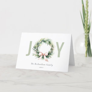 Cartes Pour Fêtes Annuelles Joy Blush Green Jaune Aquarelle de couronne de Noë