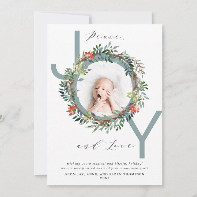Cartes Pour Fêtes Annuelles JOY Christmas Wreath Blue Baby Photo (Devant)