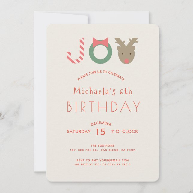 Cartes Pour Fêtes Annuelles JOY Cute Reindeer Beige Anniversaire Fête Invitati (Devant)