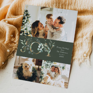 Cartes Pour Fêtes Annuelles JOY Elegant 3 Photo Gold Green