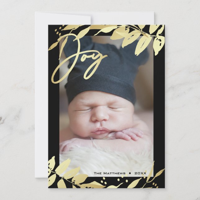 Cartes Pour Fêtes Annuelles Joy Family Photo Faux Gold Botanical Christmas (Devant)