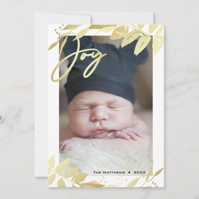 Cartes Pour Fêtes Annuelles Joy Family Photo Gold Blanc Botanique Noël (Devant)