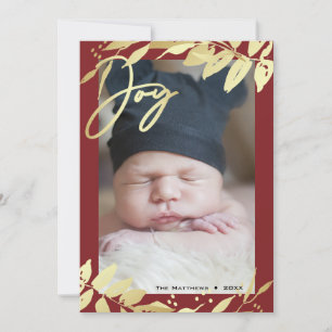 Cartes Pour Fêtes Annuelles Joy Family Photo Gold Burgundy Botanical Christmas