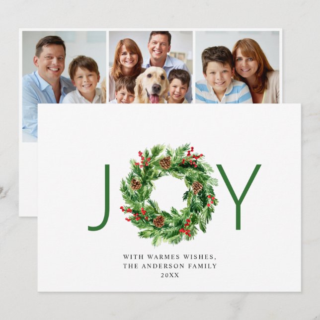 Cartes Pour Fêtes Annuelles JOY Festive Holly Berry Wreath Noël 3 Photo (Devant / Derrière)