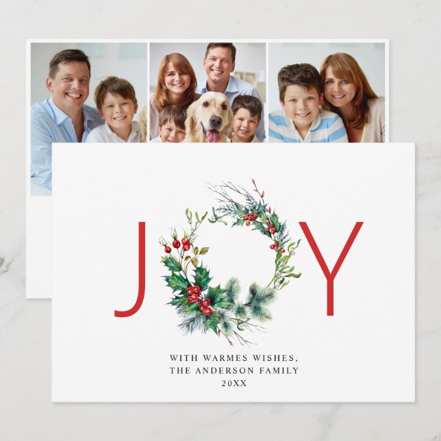Cartes Pour Fêtes Annuelles JOY Festive Holly Berry Wreath voeux de Noël (Devant / Derrière)