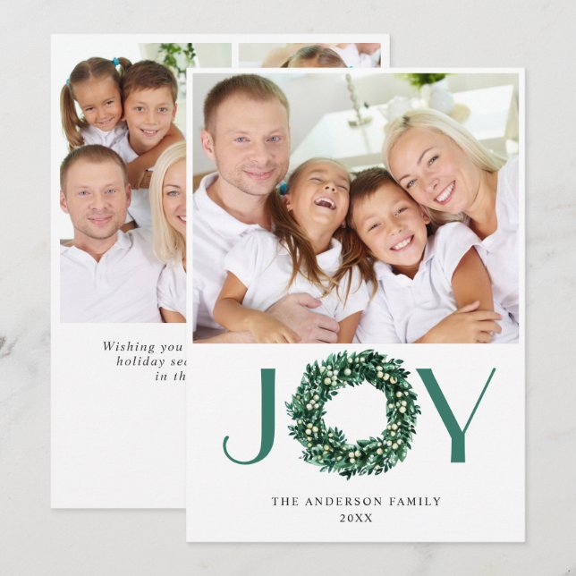 Cartes Pour Fêtes Annuelles JOY Festive Holly Wreath Noël PHOTO Salutation (Devant / Derrière)
