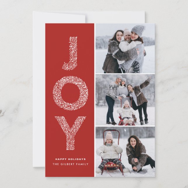 Cartes Pour Fêtes Annuelles JOY Foliage Typographie Red Christmas Photo Collag (Devant)