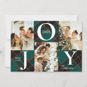 Cartes Pour Fêtes Annuelles Joy Green Plaid Photo Noël moderne tendance
