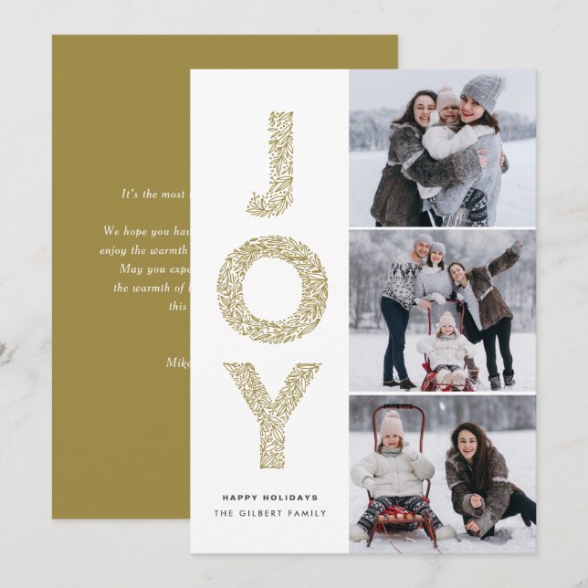 Cartes Pour Fêtes Annuelles JOY Letting Gold Christmas Photo Collage (Devant / Derrière)