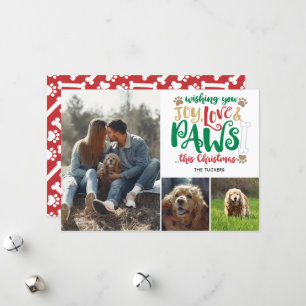 Cartes Pour Fêtes Annuelles Joy Love Paws Chien de Noël Rouge Vert 3-Photo