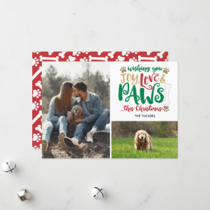 Cartes Pour Fêtes Annuelles Joy Love Paws Noël Rouge Vert 2 Photo Chien