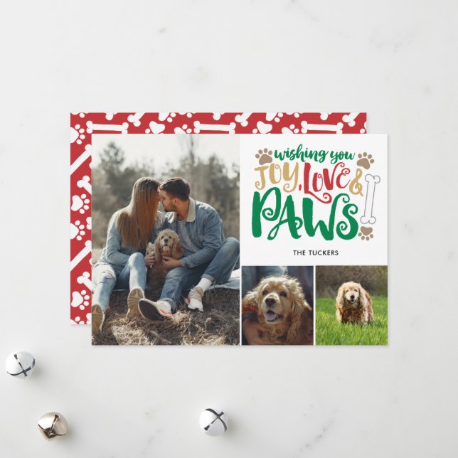 Cartes Pour Fêtes Annuelles Joy Love Paws Peace Chien Rouge Vert 3 Photo (Devant/Arrière en situation)
