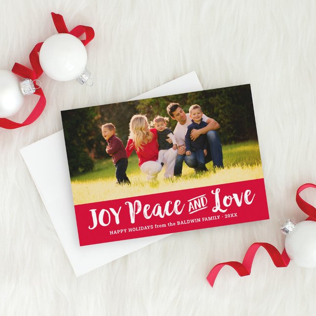 Cartes Pour Fêtes Annuelles Joy Peace and Love Red Brossé Script Photo (Créateur téléchargé)