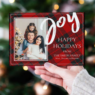 Cartes Pour Fêtes Annuelles Joy Red Black Plaid Tartan Photo Joyeux Fêtes