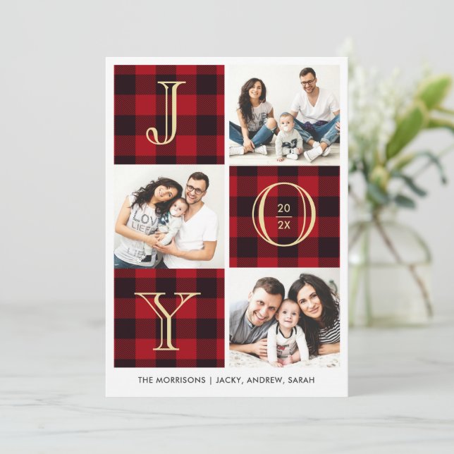 Cartes Pour Fêtes Annuelles JOY | Red Plaid Photo Collage (Debout devant)