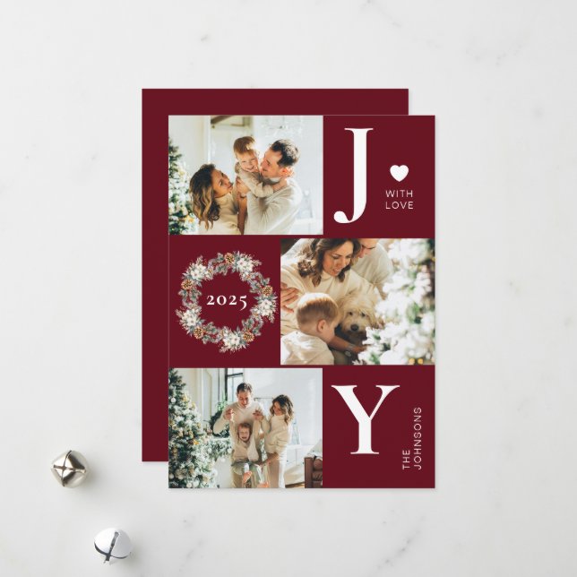 Cartes Pour Fêtes Annuelles Joy Stylish Modern Photo Collage | Noël rouge (Devant/Arrière en situation)