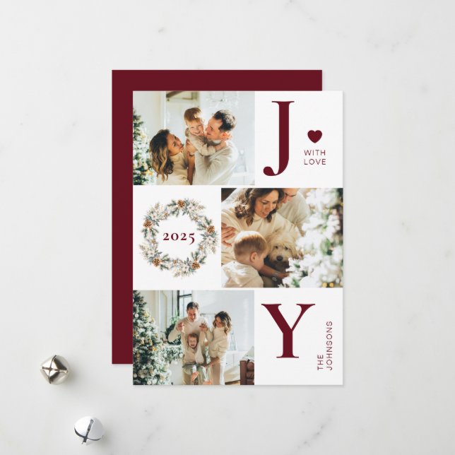 Cartes Pour Fêtes Annuelles Joy Stylish Modern Photo Collage | Noël rouge (Devant/Arrière en situation)