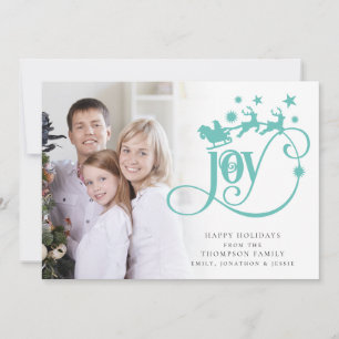 Cartes Pour Fêtes Annuelles Joy Turquoise Père Noël Sleigh Script Photo Noël