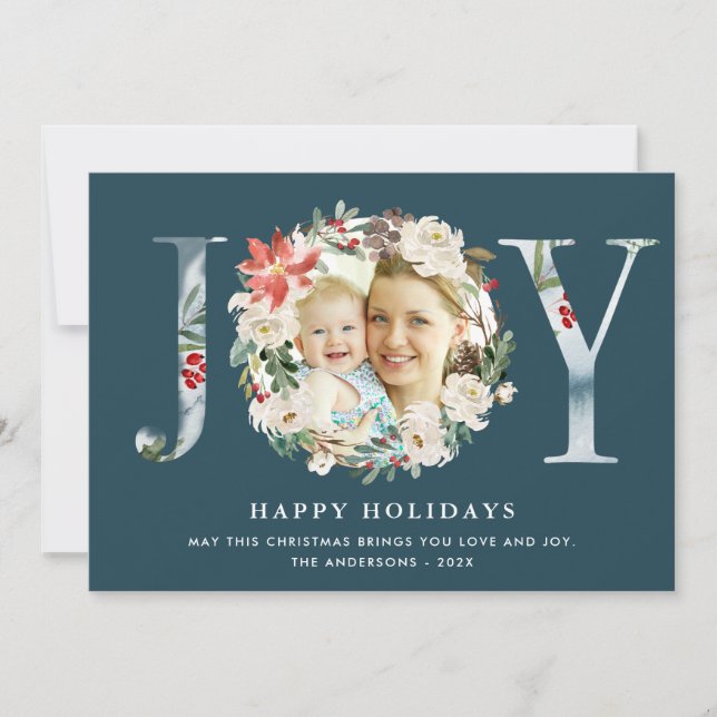Cartes Pour Fêtes Annuelles JOY Typographie Couronne de fleurs Poinsettia (Devant)
