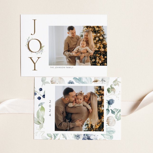 Cartes Pour Fêtes Annuelles Joy Watercolor Fleurs d'hiver 2 Photos (Créateur téléchargé)