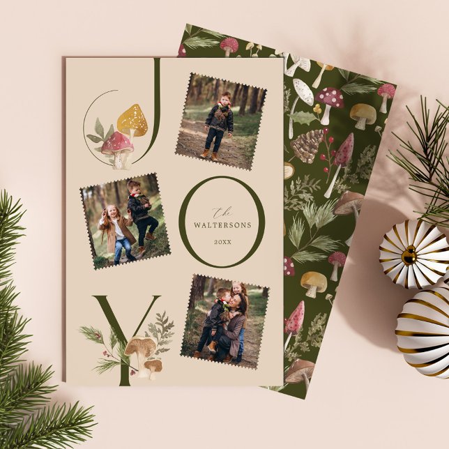 Cartes Pour Fêtes Annuelles Joy Watercolor Woodsy Mushrooms 3 Photo Collage (Joy Watercolor Woodsy Mushrooms 3 Photo Collage Holiday Card)