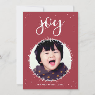 Cartes Pour Fêtes Annuelles Joy Wreath - Photo de vacances Rouge & Blanc