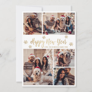 Cartes Pour Fêtes Annuelles Joyeuse Année Or Script Flocon de Neige Photo Coll