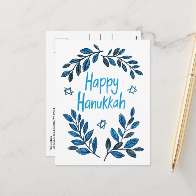 Cartes Pour Fêtes Annuelles Joyeuse aquarelle botanique Hanoukka (Devant/Arrière en situation)