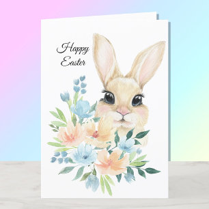 Cartes Pour Fêtes Annuelles Joyeuse Aquarelle de Pâques Bunny Fleurs Bleues