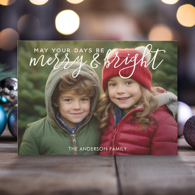 Cartes Pour Fêtes Annuelles Joyeuse et brillante calligraphie - photo horizont (Modern Christmas Photo Greeting Card)