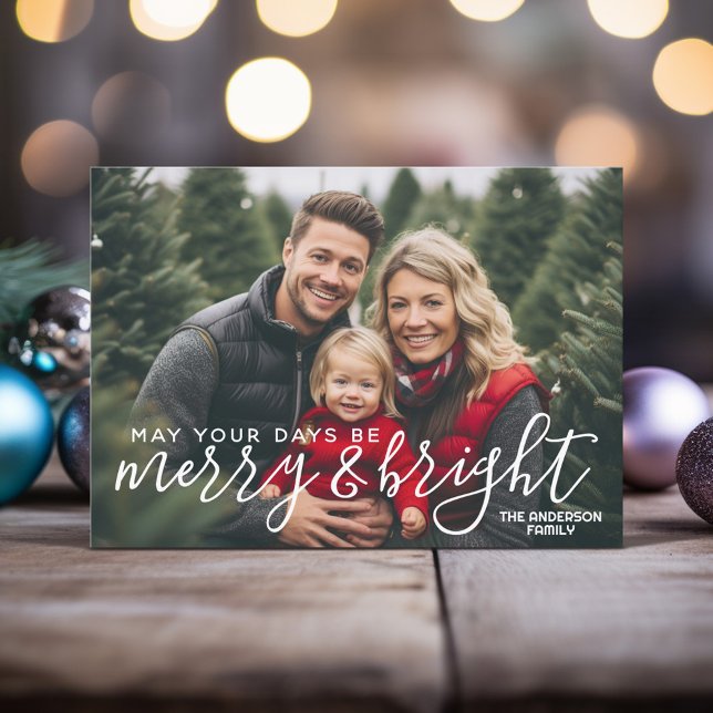 Cartes Pour Fêtes Annuelles Joyeuse et brillante calligraphie - photo horizont (Modern Christmas Card with 1 Horizontal Photo and a rustic modern font in white - download option)