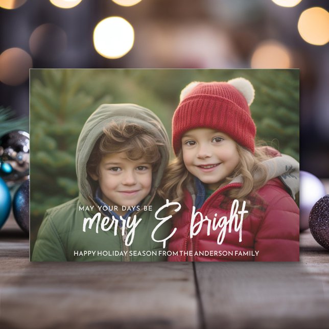Cartes Pour Fêtes Annuelles Joyeuse et brillante calligraphie - photo horizont (Modern Christmas Photo Greeting Card)
