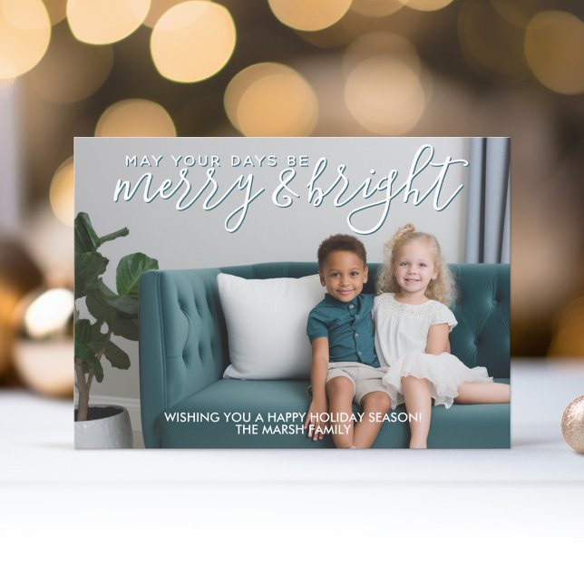 Cartes Pour Fêtes Annuelles Joyeuse et brillante calligraphie Turquoise - Phot (Modern Christmas Card with Bounce Calligraphy and a Blue background - download option available)