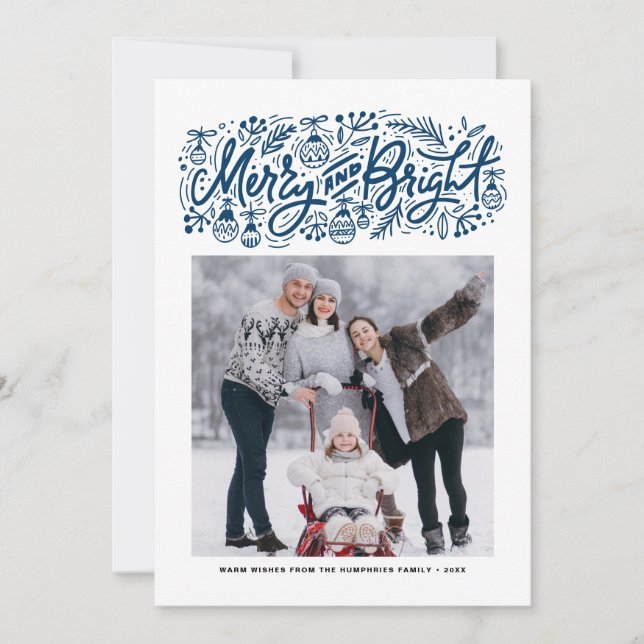 Cartes Pour Fêtes Annuelles Joyeuse et brillante Lettres Bleues Photo de Noël (Devant)