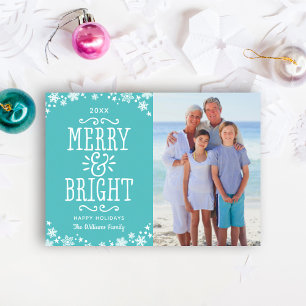 Cartes Pour Fêtes Annuelles Joyeuse et brillante photo Turquoise bleue moderne