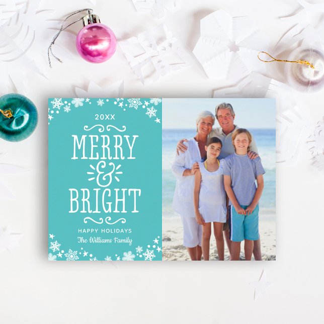Cartes Pour Fêtes Annuelles Joyeuse et brillante photo Turquoise bleue moderne (Créateur téléchargé)