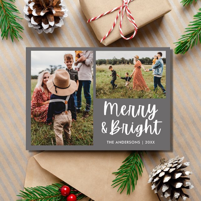 Cartes Pour Fêtes Annuelles Joyeuse famille simple à deux photos (Merry Bright Simple Two Photo Family Holiday Card)