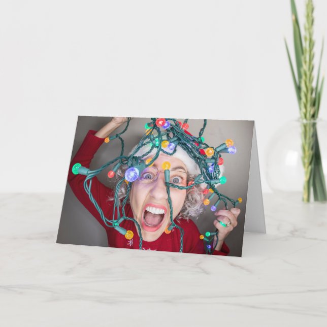 Cartes Pour Fêtes Annuelles Joyeuse Femme De Noël Aux Lumières Tangées (Devant)